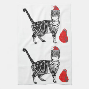 Tabby Cat Christmas Cool Cat Red White Kitchen Towel