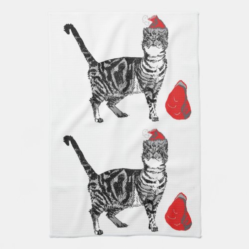 Tabby Cat Christmas Cool Cat Red White Kitchen Towel