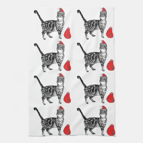 Tabby Cat Christmas Cool Cat Red White Tea Towel
