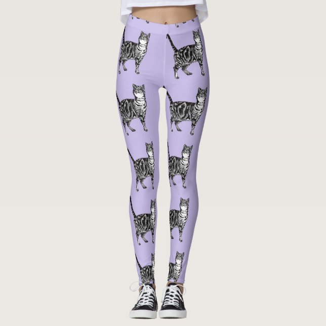 Tabby Cat Cool Animal Black and Puple Leggings (Front)