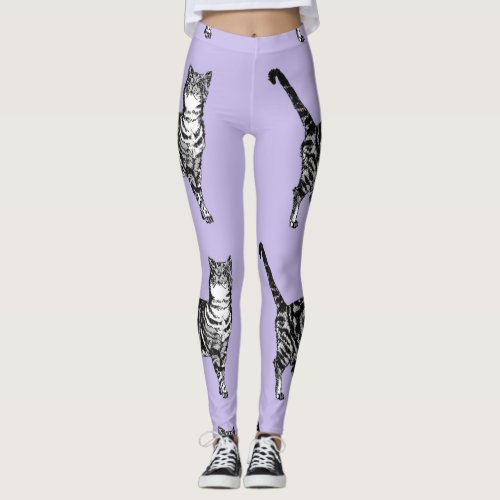 Tabby Cat Cool Animal Black and Puple Leggings