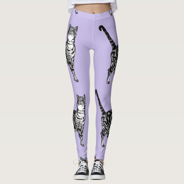 Tabby Cat Cool Animal Black and Puple Leggings (Front)