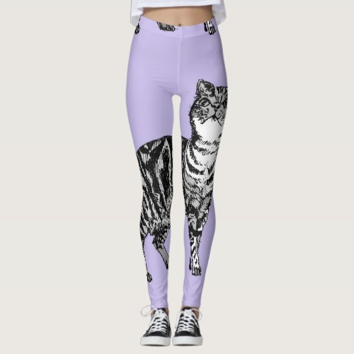 Tabby Cat Cool Animal Black and Puple Leggings