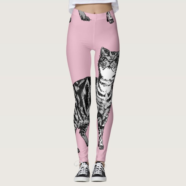 Tabby Cat Cool Animal Black & Baby Pink Leggings (Front)