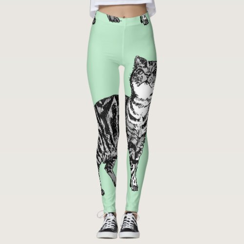 Tabby Cat Cool Animal Black  Mint Green Leggings