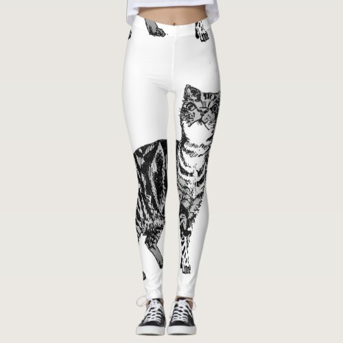 Tabby Cat Cool Animal Black  White Leggings