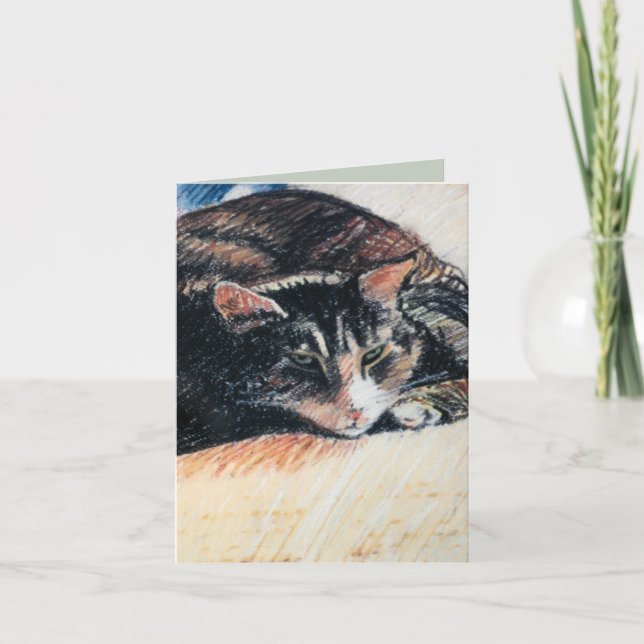Tabby Cat Customizable Note Card, Green Card (Front)