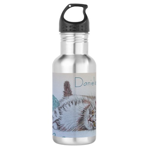 Tabby Cat Cute Aqua Playing Womans Girls Stainless Steel Water Bottle