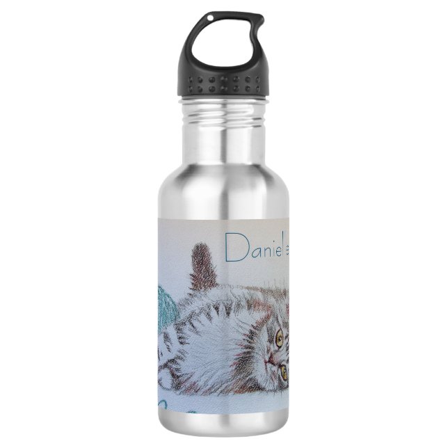 Tabby Cat Cute Aqua Playing Womans Girls Stainless Steel Water Bottle (Front)