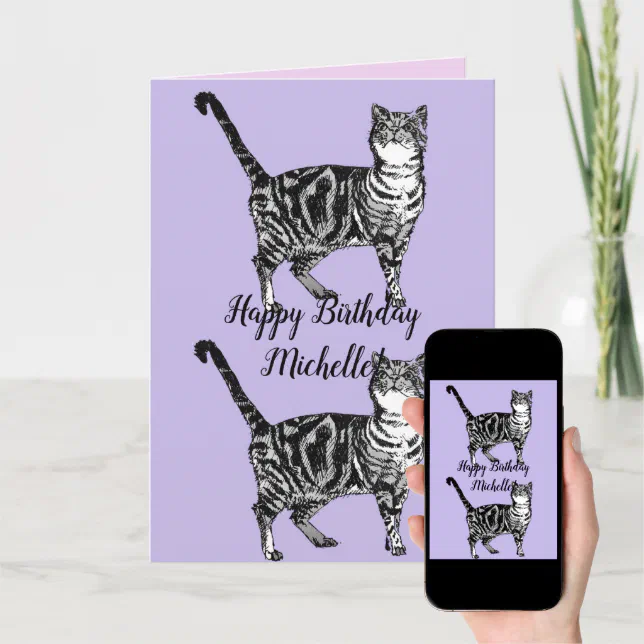 Tabby Cat Cute Cats Pink Art Drawing Birthday Card | Zazzle