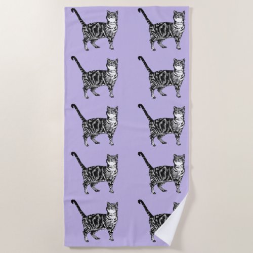 Tabby Cat Cute Pretty Purple Girls Cats Watercolor Beach Towel
