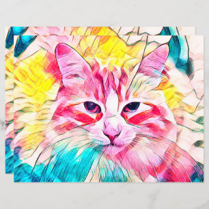 Tabby Cat Design Pink Yellow Teal Art Design