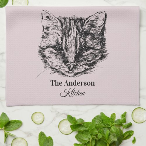 Tabby Cat Drawing Custom Color Personalized Kitchen Towel