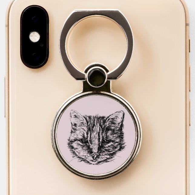 Tabby Cat Drawing Custom Color Phone Ring Stand (Close Up)