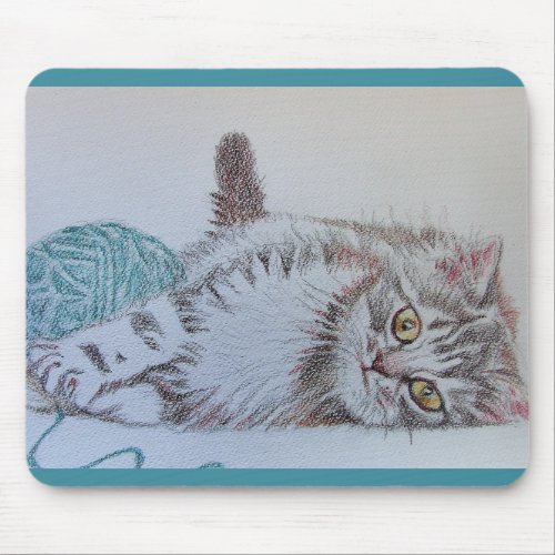 Tabby Cat Drawing Teal cats Computer Mouse Mat Pad