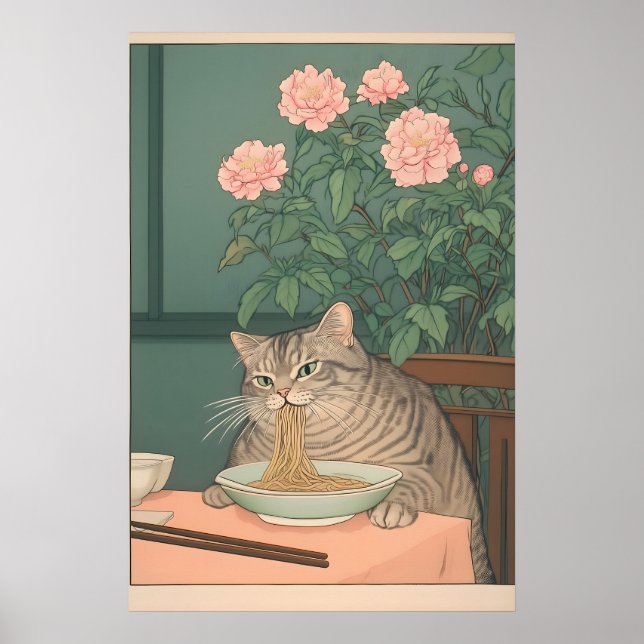 Tabby Cat Eating Noodles Ukiyo-e Art Print (Front)
