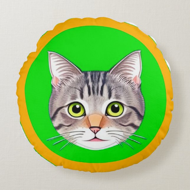 Tabby Cat Face in Vibrant Circular Frame Round Pillow (Front)