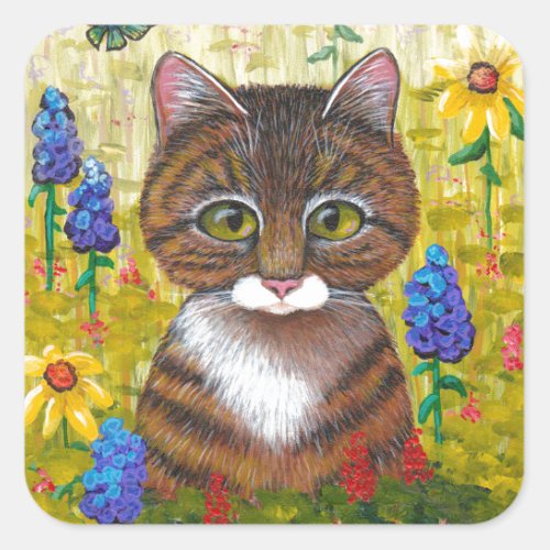 Tabby Cat Flowers Floral Art Creationarts Square Sticker