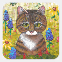 Tabby Cat Flowers Floral Art Creationarts Square Sticker