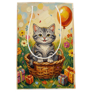 Tabby Cat & Flowers Girl's Happy Birthday Medium Gift Bag
