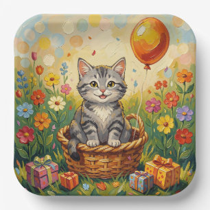 Tabby Cat & Flowers Girl's Happy Birthday Paper Plates