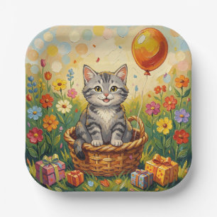 Tabby Cat & Flowers Girl's Happy Birthday Paper Plates