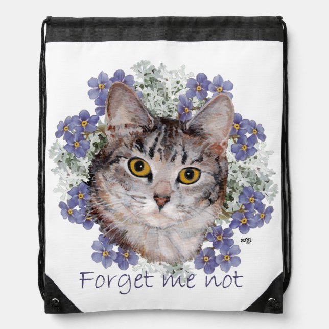 Tabby Cat Forget Me Not Drawstring Bag (Front)