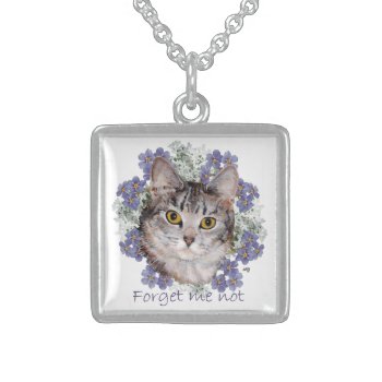 Tabby Cat Forget Me Not Sterling Silver Necklace by MaggieRossCats at Zazzle