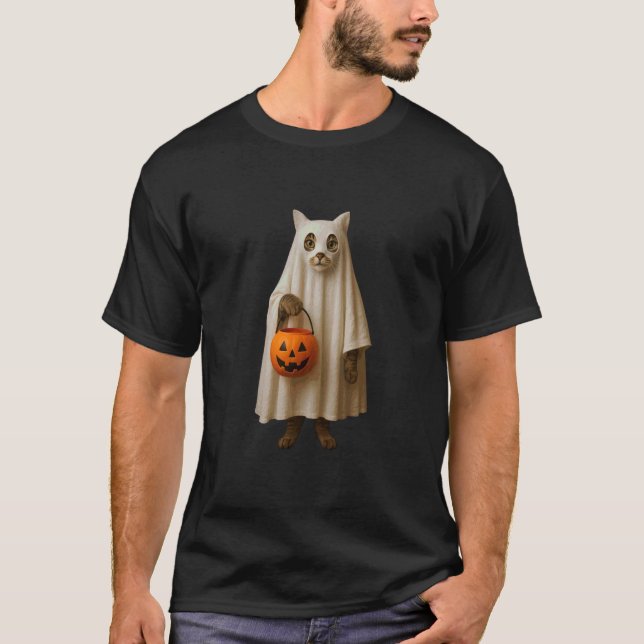 Tabby Cat Ghost Halloween Design T-Shirt (Front)