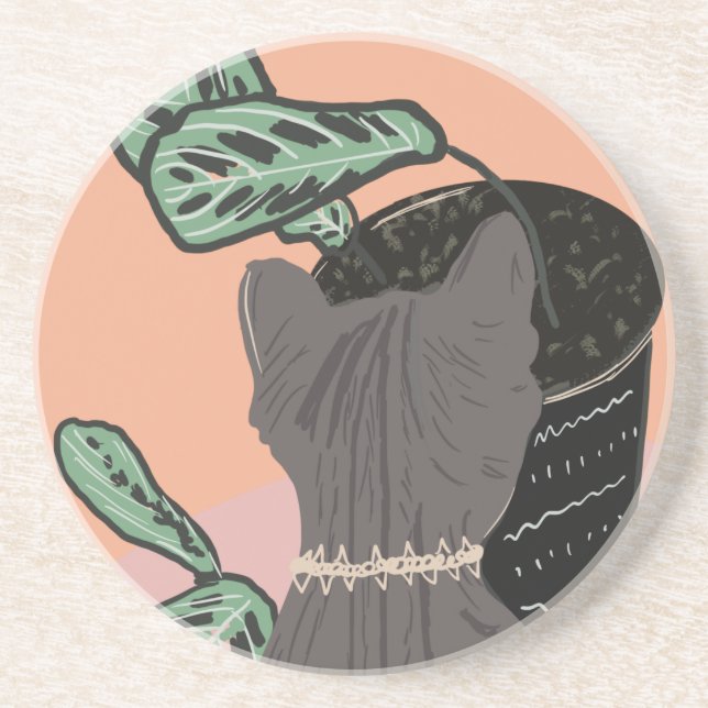 Tabby Cat Gray Plants  Two-Tone  Coaster (Front)