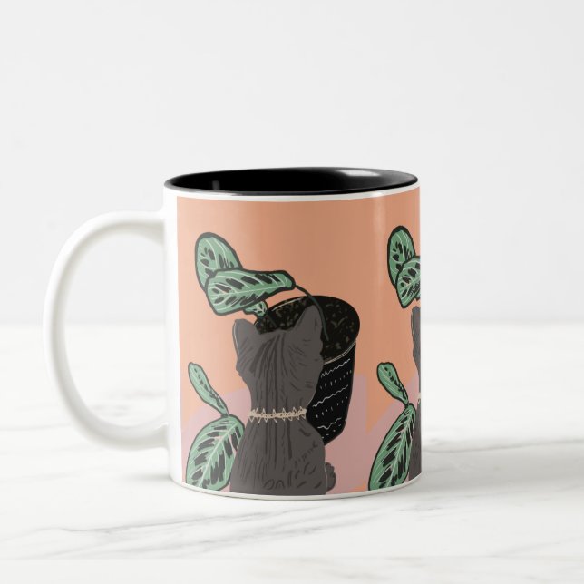 Tabby Cat Gray Plants  Two-Tone Coffee Mug (Left)