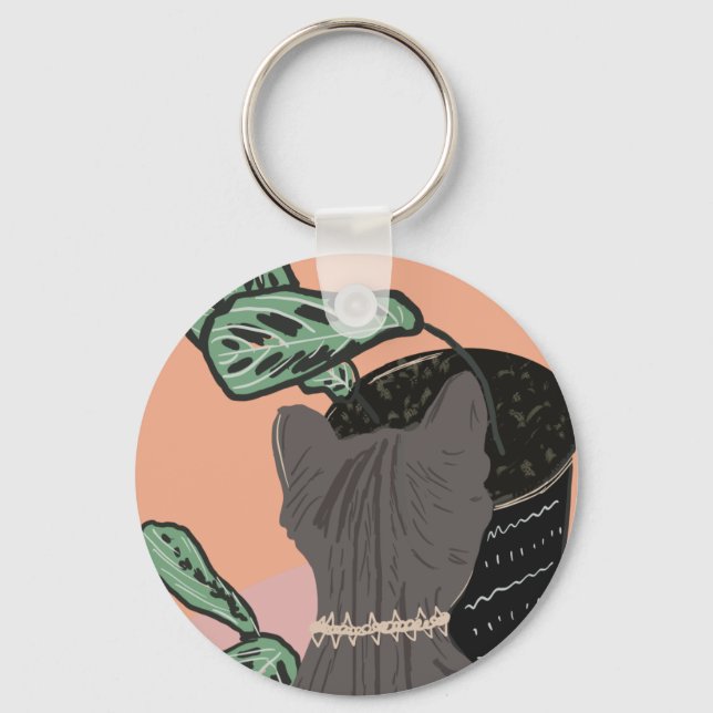 Tabby Cat Gray Plants  Two-Tone  Keychain (Front)