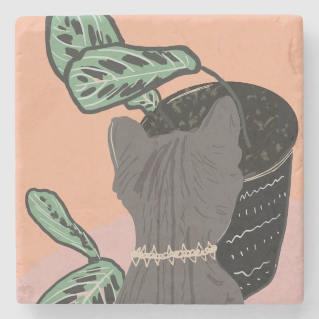 Tabby Cat Gray Plants  Two-Tone Stone Coaster (Front)