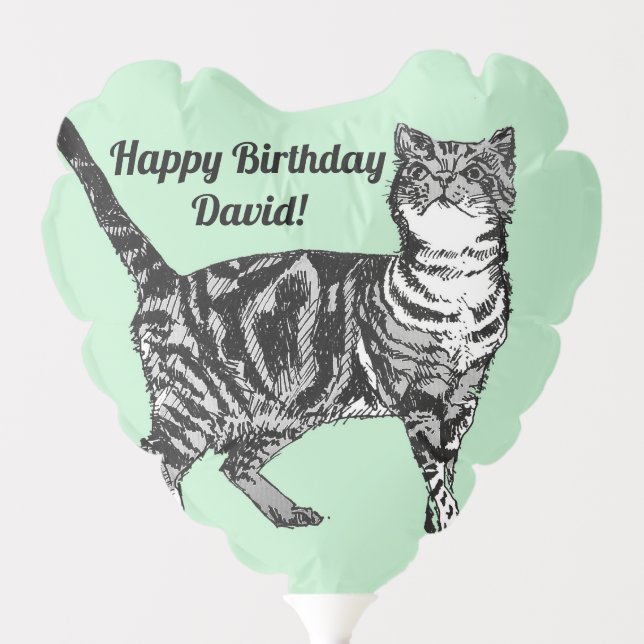 Tabby Cat Green Cats Happy Birthday Name Balloon (Front)