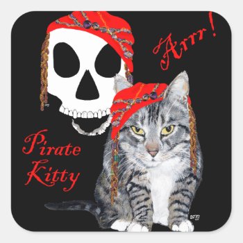 Tabby Cat Halloween Pirate Square Sticker by MaggieRossCats at Zazzle