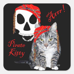 Tabby Cat Halloween Pirate Square Sticker