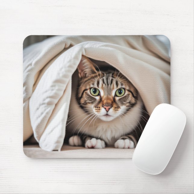 Tabby Cat Hiding Under a Blanket Mouse Pad (With Mouse)