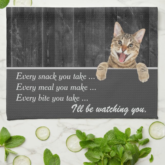 Tabby Cat Humor On Barn Wood Kitchen Towel (Folded)