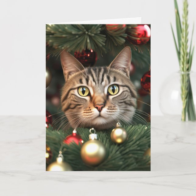 Tabby Cat In A Christmas Tree Holiday Card (Front)