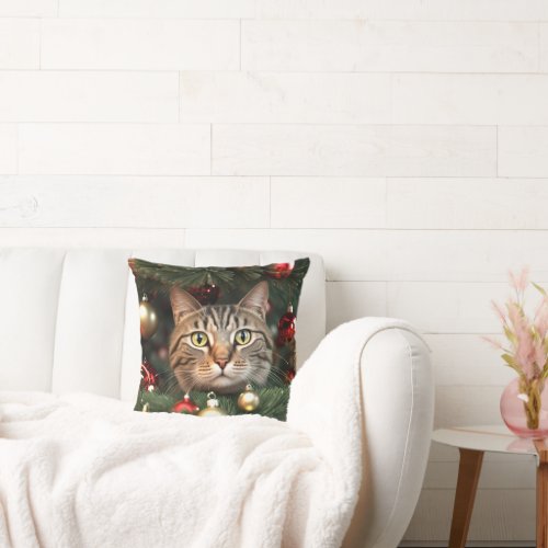 Tabby Cat In A Christmas Tree Throw Pillow