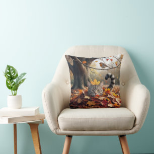 Tabby Cat In a Pile of Autumn Leaves Throw Pillow