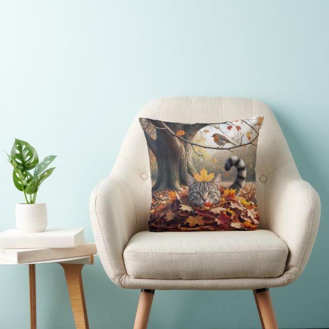 Tabby Cat In a Pile of Autumn Leaves Throw Pillow (Chair)