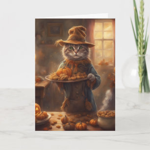Tabby cat in a scarecrow costume Halloween Card