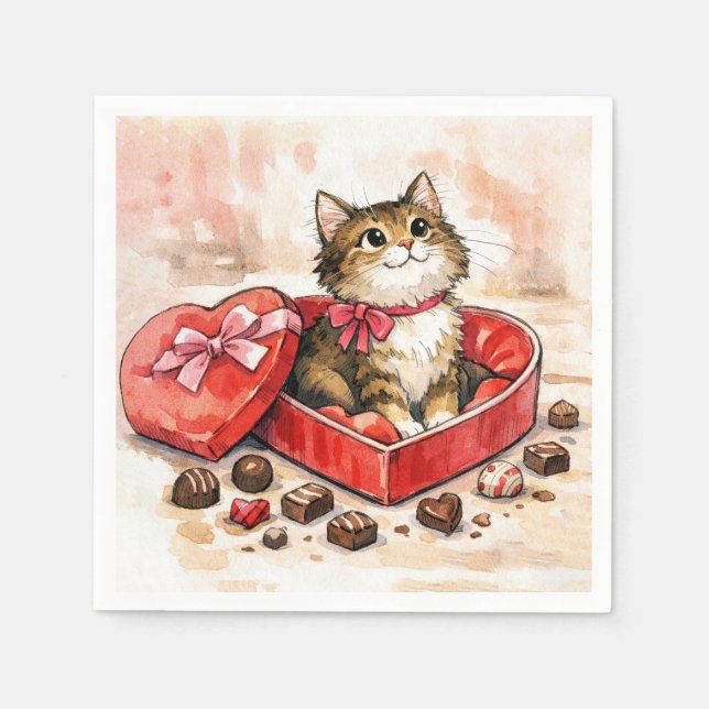 Tabby Cat In a Valentine Heart Candy Box Napkins (Front)