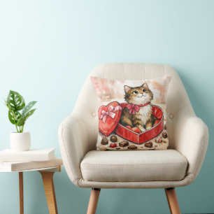 Tabby Cat In a Valentine Heart Candy Box Throw Pillow