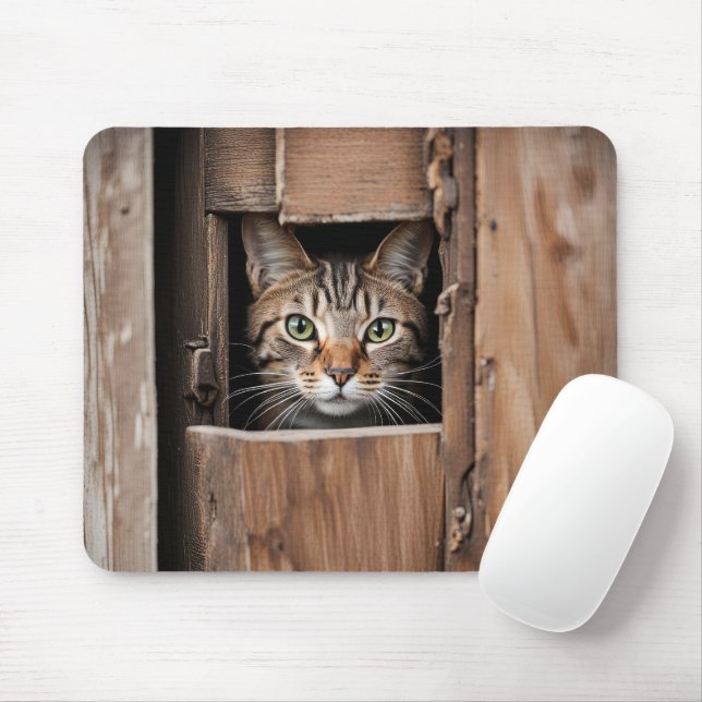 Tabby Cat In Barn Door Hole Mouse Pad (With Mouse)