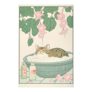 Tabby Cat in Bathtub Art Print Japanese Bathroom