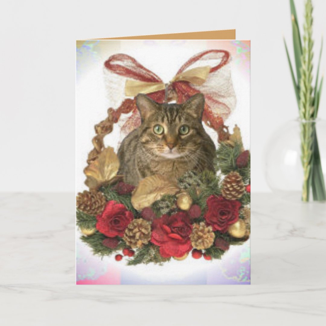 Tabby Cat In Christmas Basket Holiday Card | Zazzle