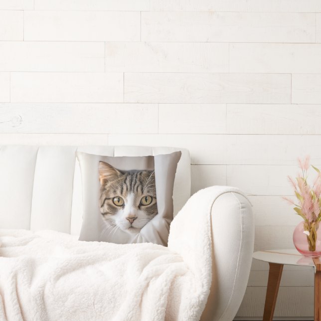 Tabby Cat In Curtains Throw Pillow (Couch)