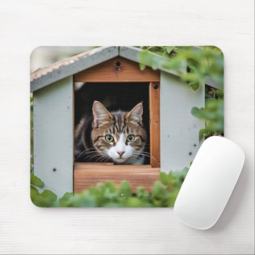 Tabby Cat In Dog House Mouse Pad